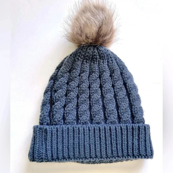 B+B Cable Knit Beanie Hat with Faux Fur Pom Pom Slate Blue - Picture 2 of 3